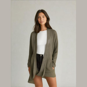 Pink Clover Stitch fix green open lapel long sleeve sweater, pockets, size Small